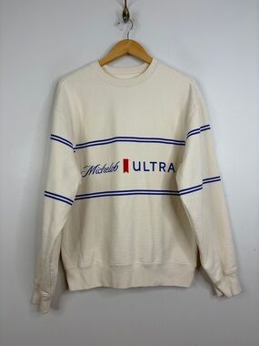 Vintage Sweatshirt Mens Large Cream Blue Michelob Ultra Beer Fleece Pullover